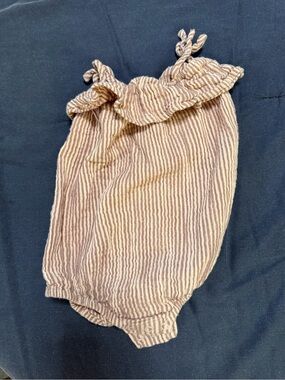 Rise Little Earthling Striped Baby Romper in burgundy and pink